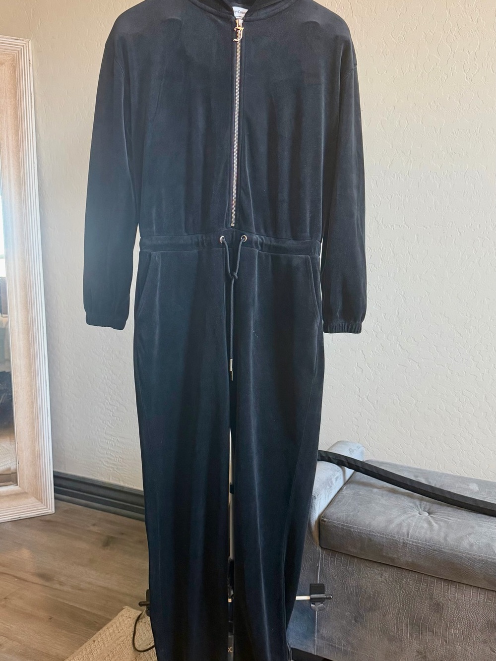Juicy Couture Black Velour Zip-Front Hooded Jumpsuit